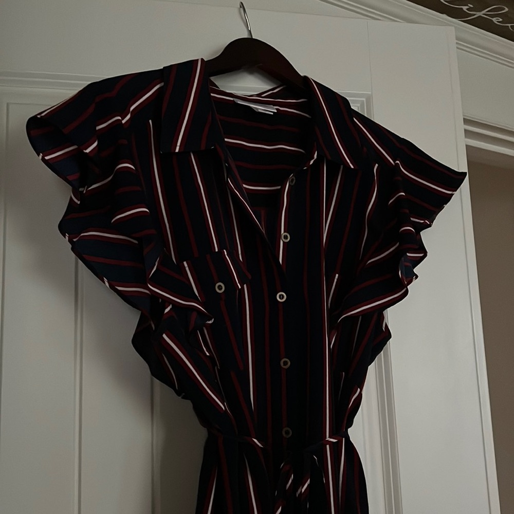 Navy ruffle sleeve striped dress